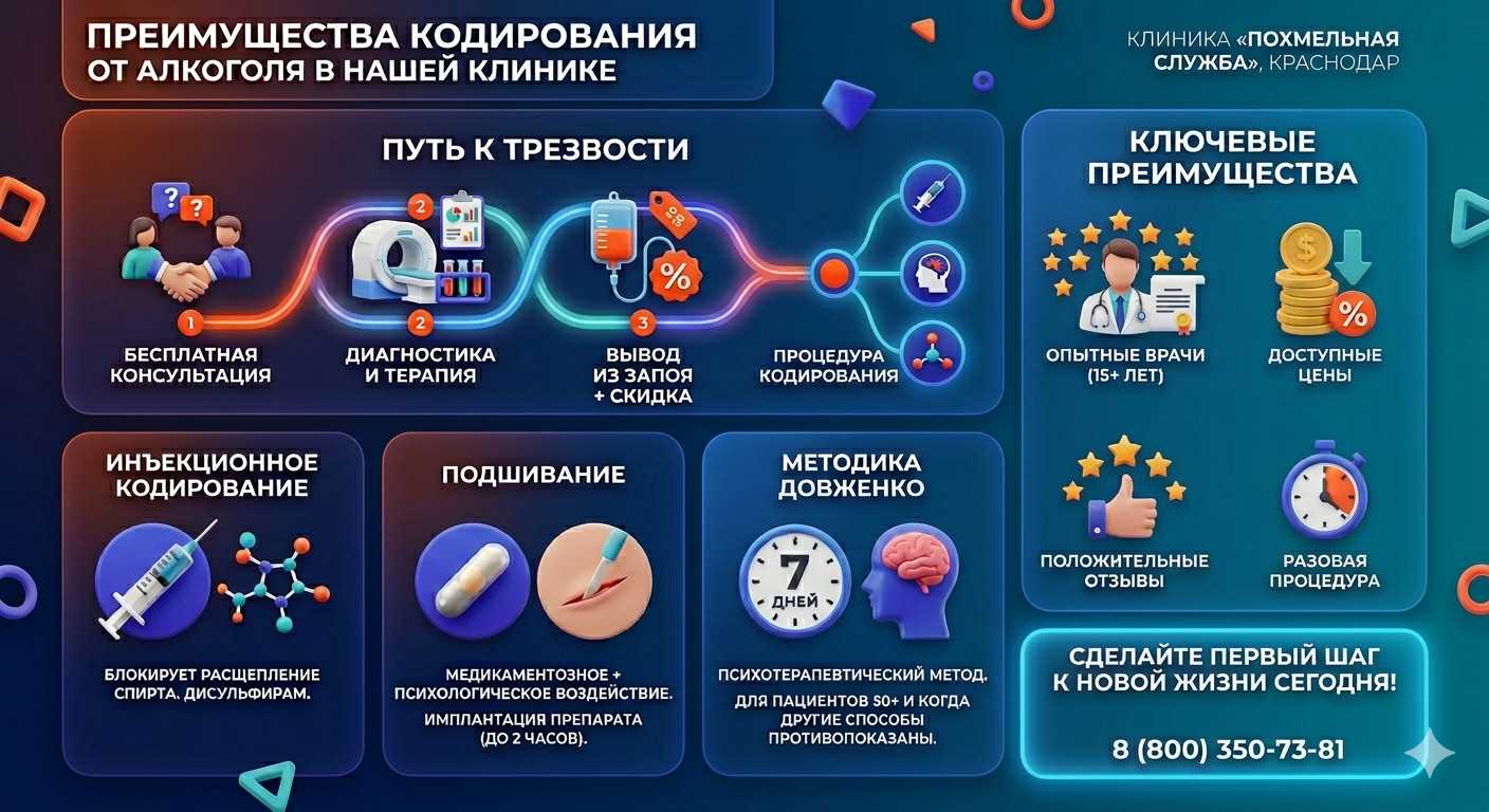 Инфографика о методах кодирования от алкоголя в Оленевке: инъекции, подшивание, метод Довженко. Преимущества клиники и этапы лечения.